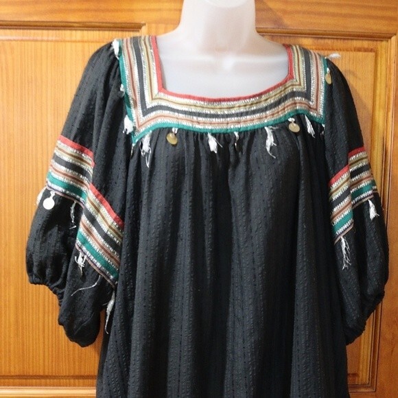 Ramona Rull Black Metallic Stripe Balloon Sleeve Vintage Dress 1X Retro - Picture 2 of 16